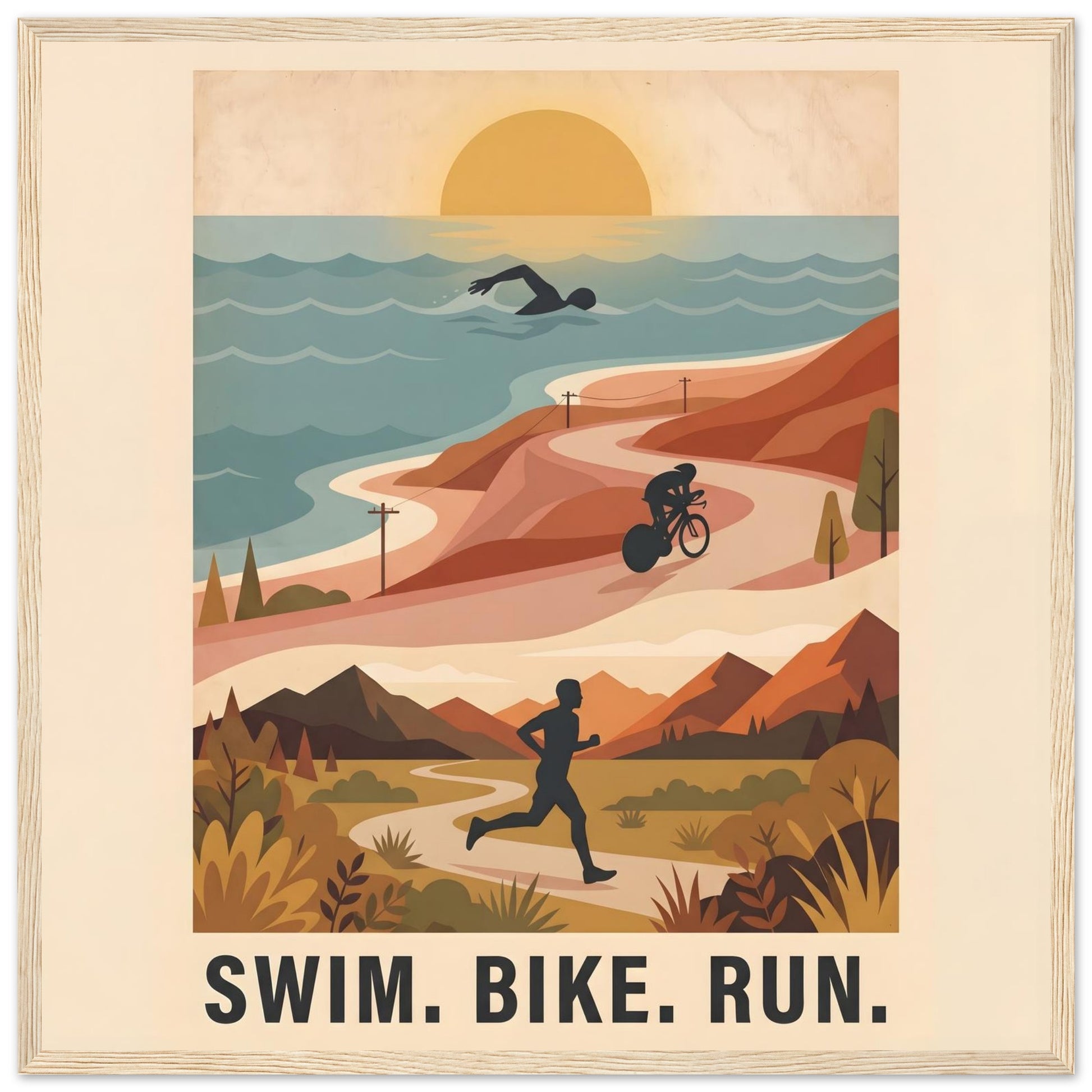 Triathlon Poster: Retro Swim Bike Run Framed Wall Art - 50x50 cm / 20x20″ - Wood frame / Ready-to-hang - Sparkycare