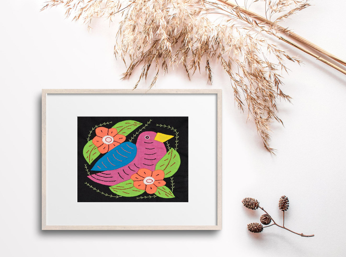 Pink and Blue Seedeater Bird Mola Tapestry Wall Hanging