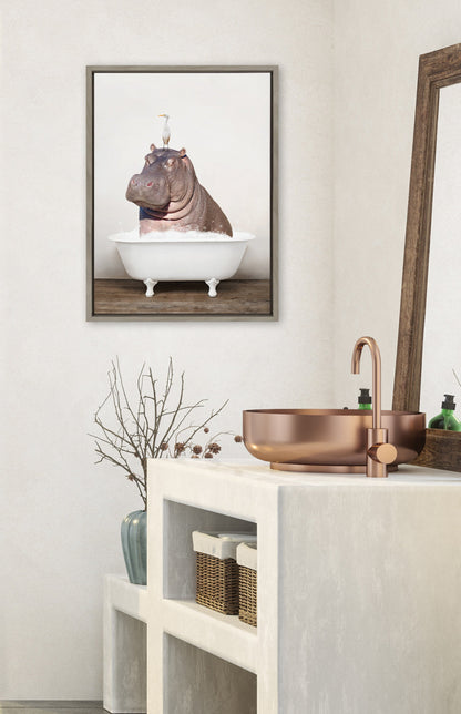 Hippo and Bird in Rustic Bath Framed Canvas Art