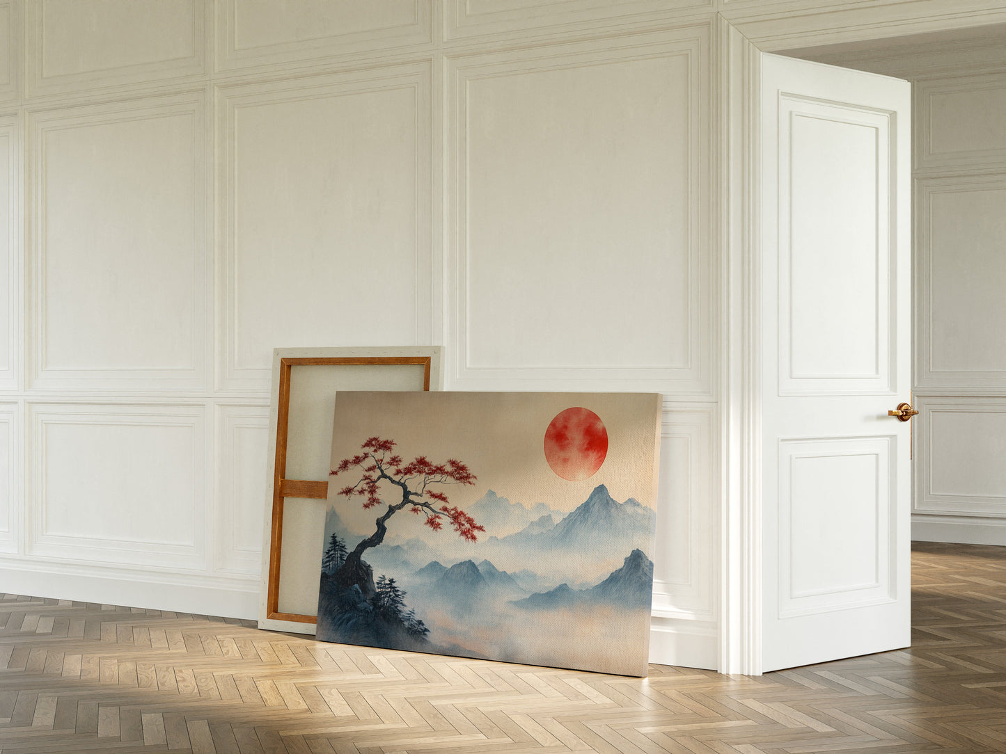 Japanese Red Sun and Bonsai Mountain Wall Art Print