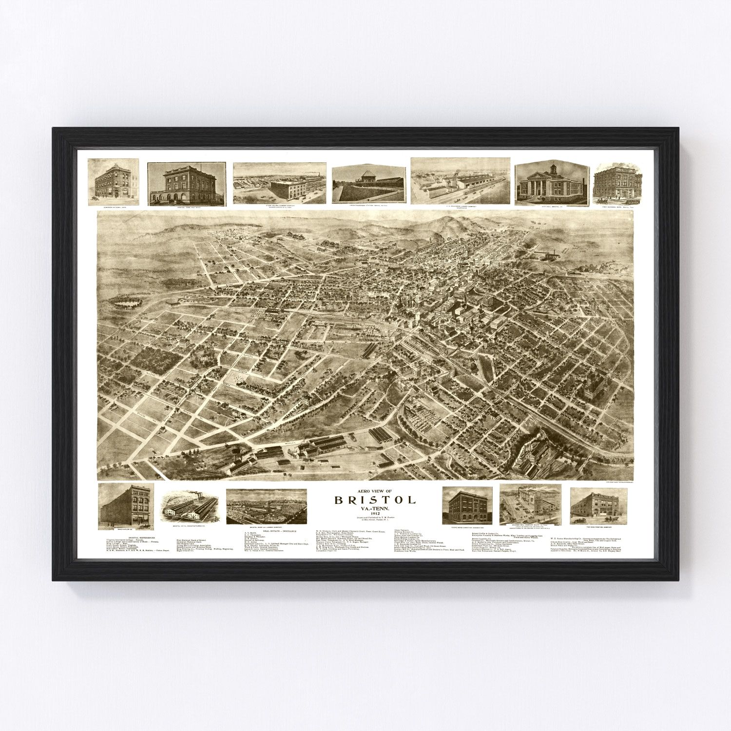 vintage map of Bristol Virginia, 1912, restored print wall art