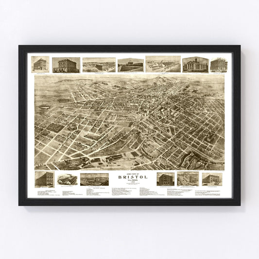 vintage map of Bristol Virginia, 1912, restored print wall art