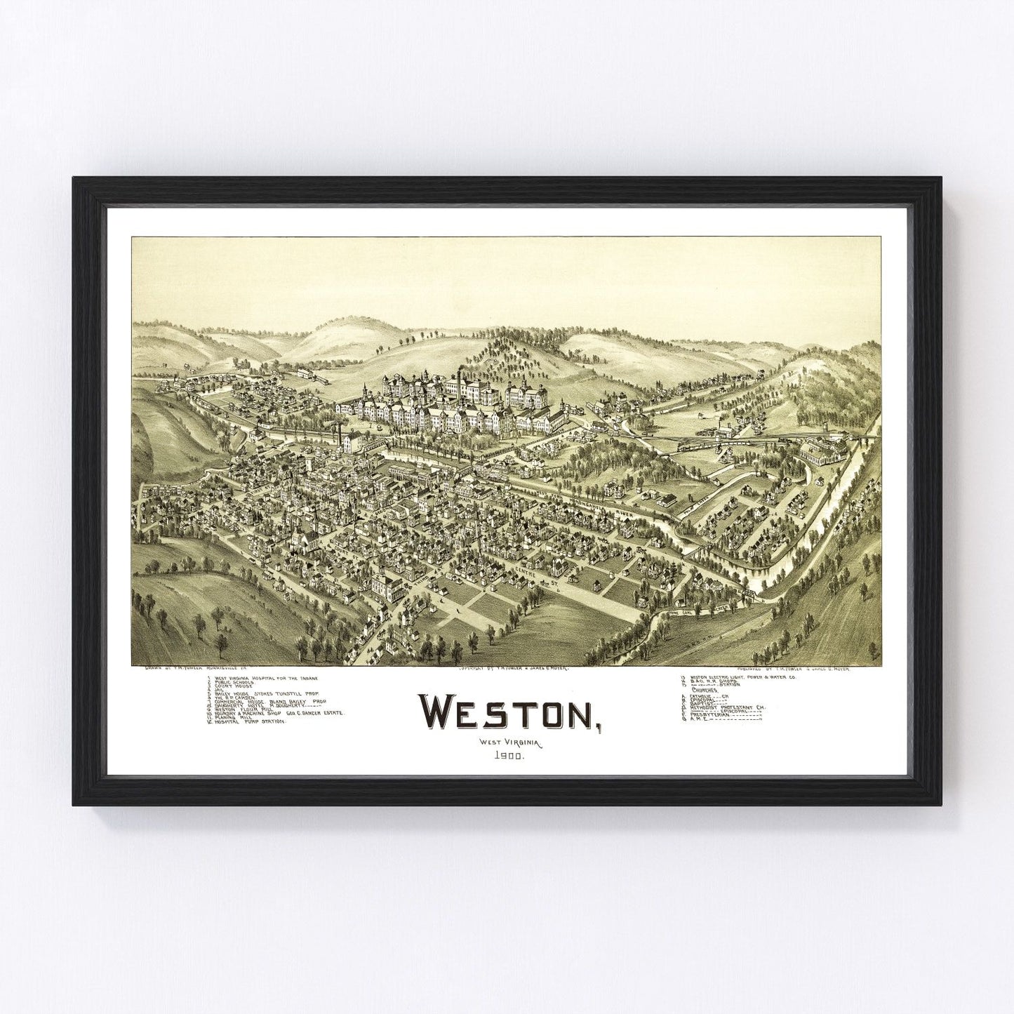 Vintage map of Weston, West Virginia, 1900, Lewis County county seat and mountains