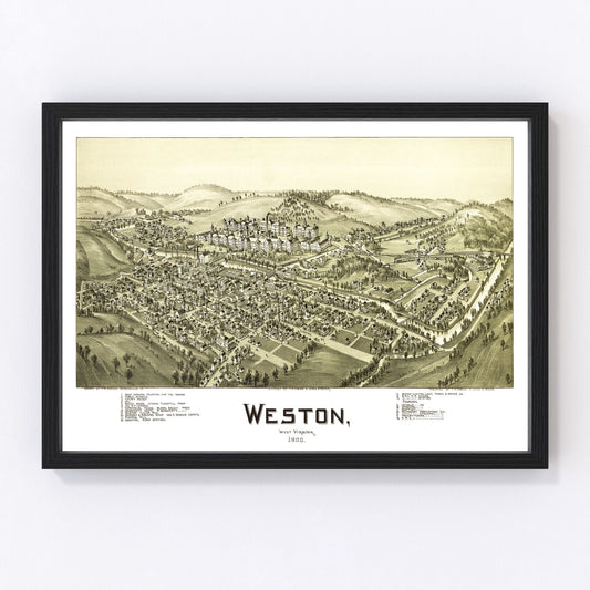 Vintage map of Weston, West Virginia, 1900, Lewis County county seat and mountains
