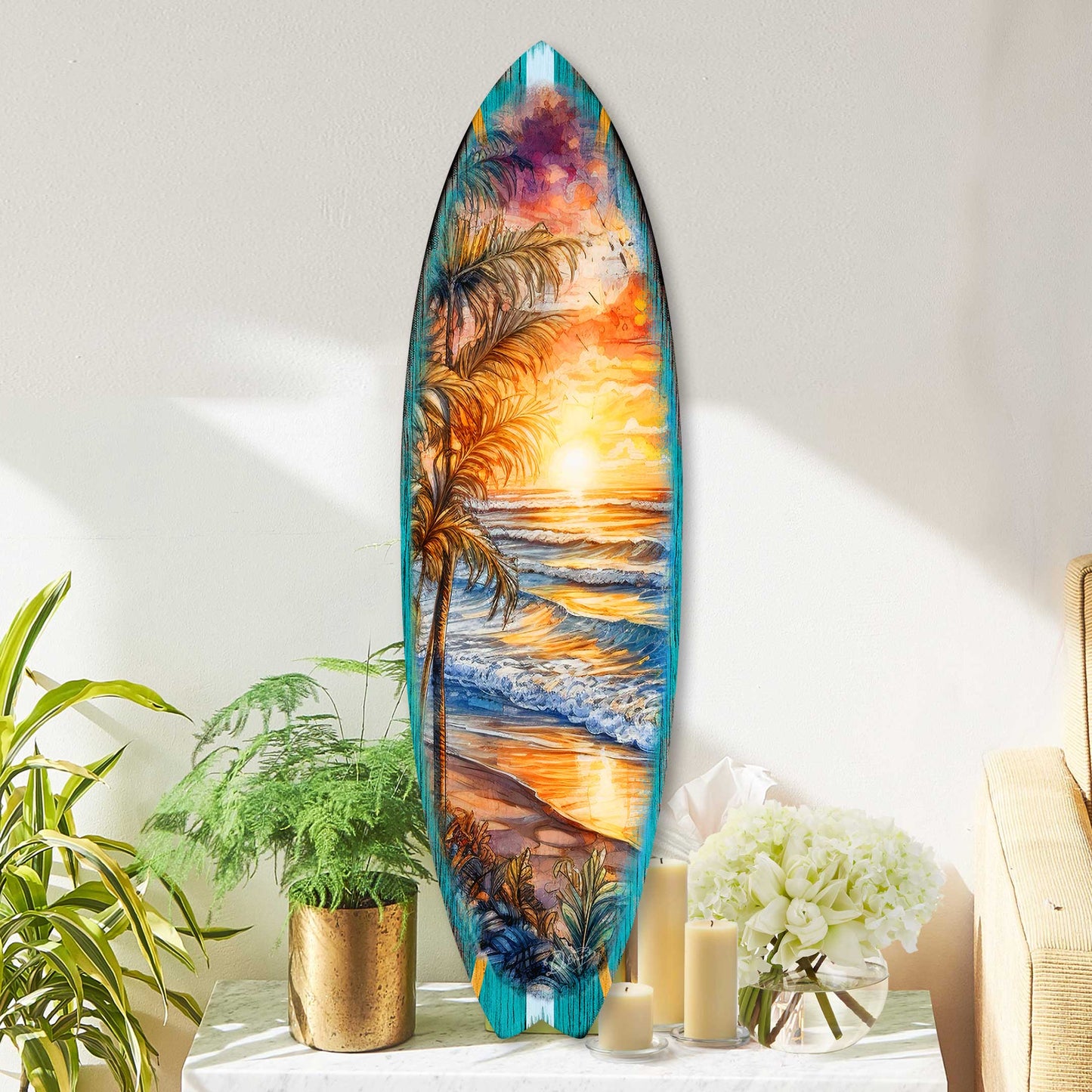Golden waves surfboard wood wall art, handcrafted coastal birchwood panel, ready to hang