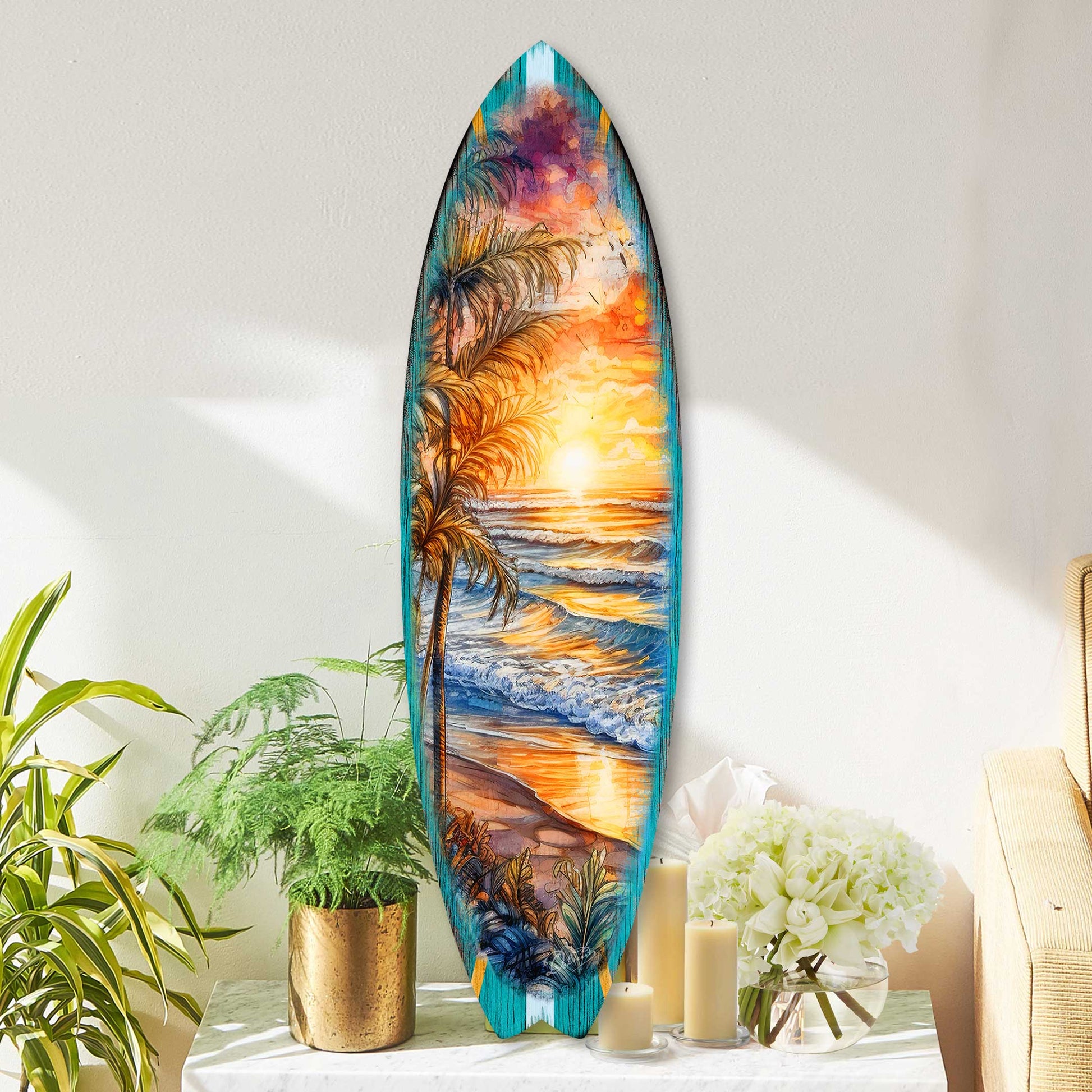 Golden waves surfboard wood wall art, handcrafted coastal birchwood panel, ready to hang