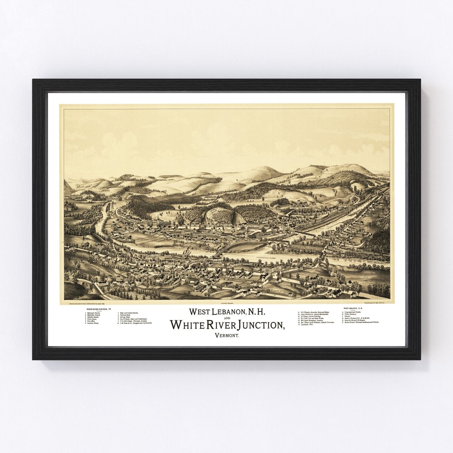 Vintage map of West Lebanon, New Hampshire, 1889, Upper Valley village and rail