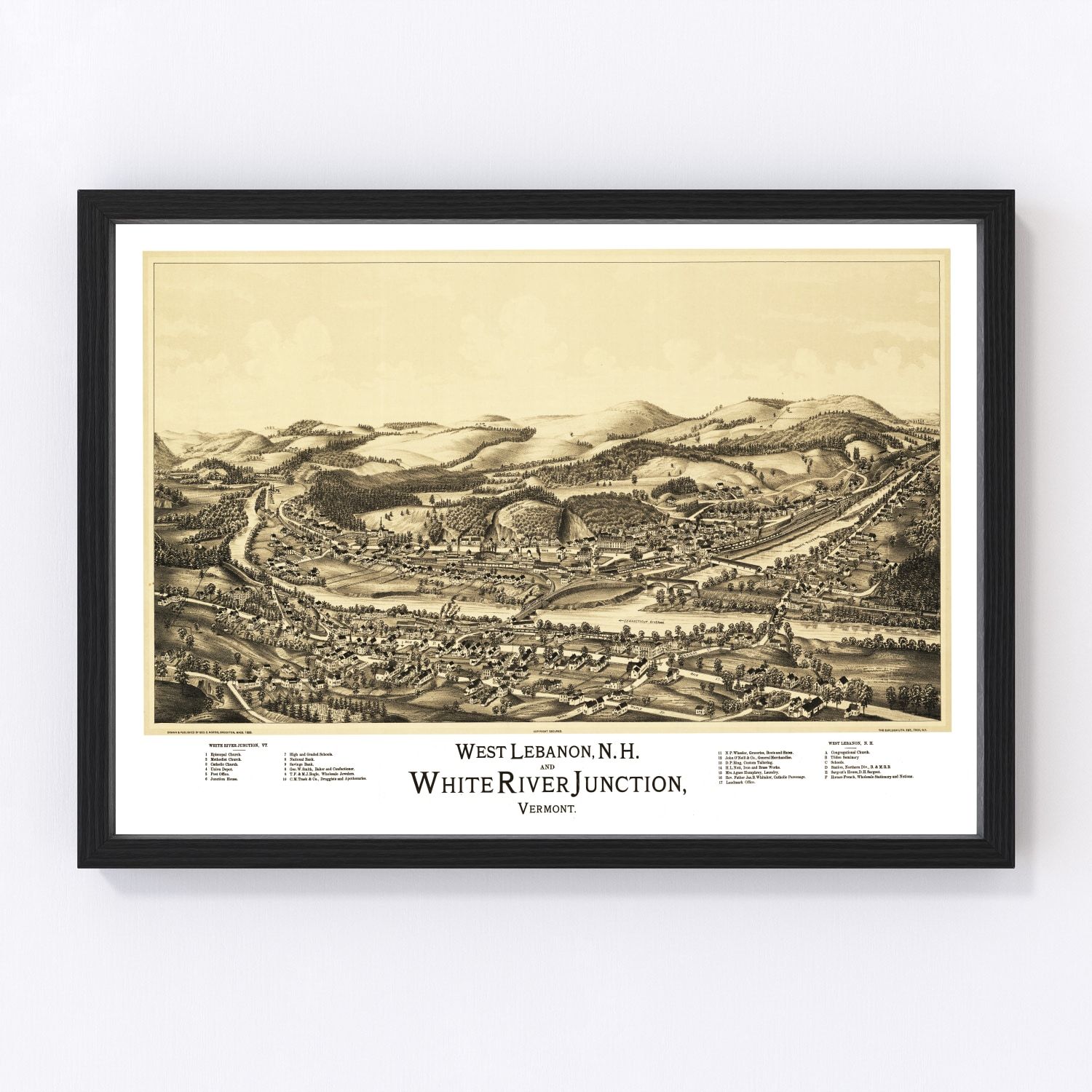 Vintage map of West Lebanon, New Hampshire, 1889, Upper Valley village and rail