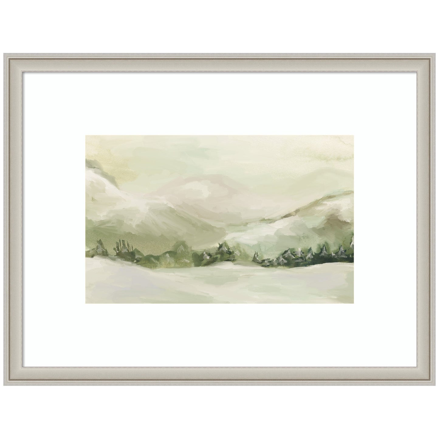 Quiet winter landscape with soft snow and a muted sky in a wood frame