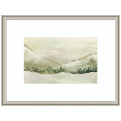 Quiet winter landscape with soft snow and a muted sky in a wood frame