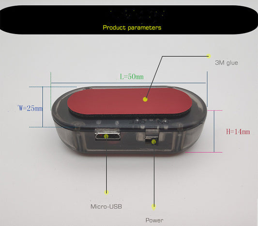 Close-up of car fake security light with Micro-USB charging port.