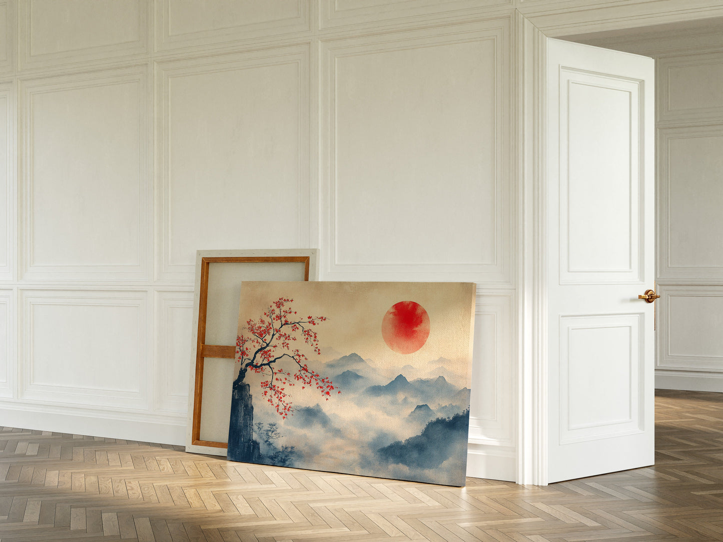 Japanese Red Sun and Misty Mountain Wall Art Print