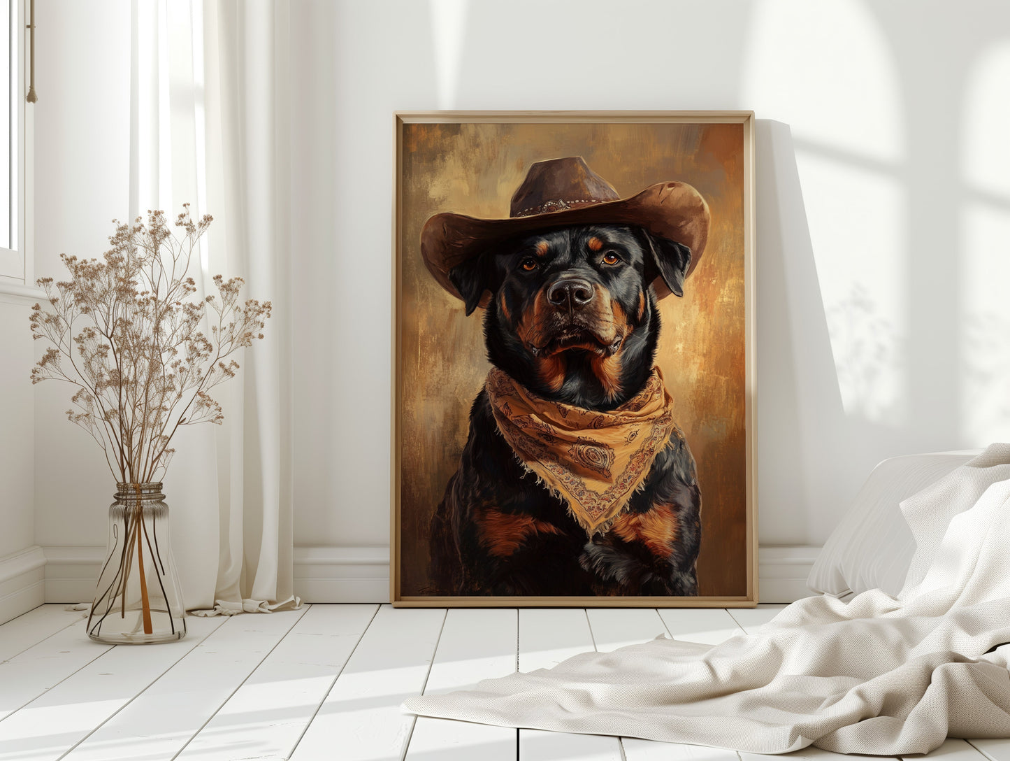 Western Cowboy Rottweiler Rustic Dog Art Print