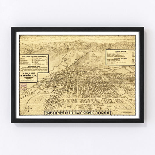 Vintage restored map of Colorado Springs, Colorado, 1909, Pikes Peak city