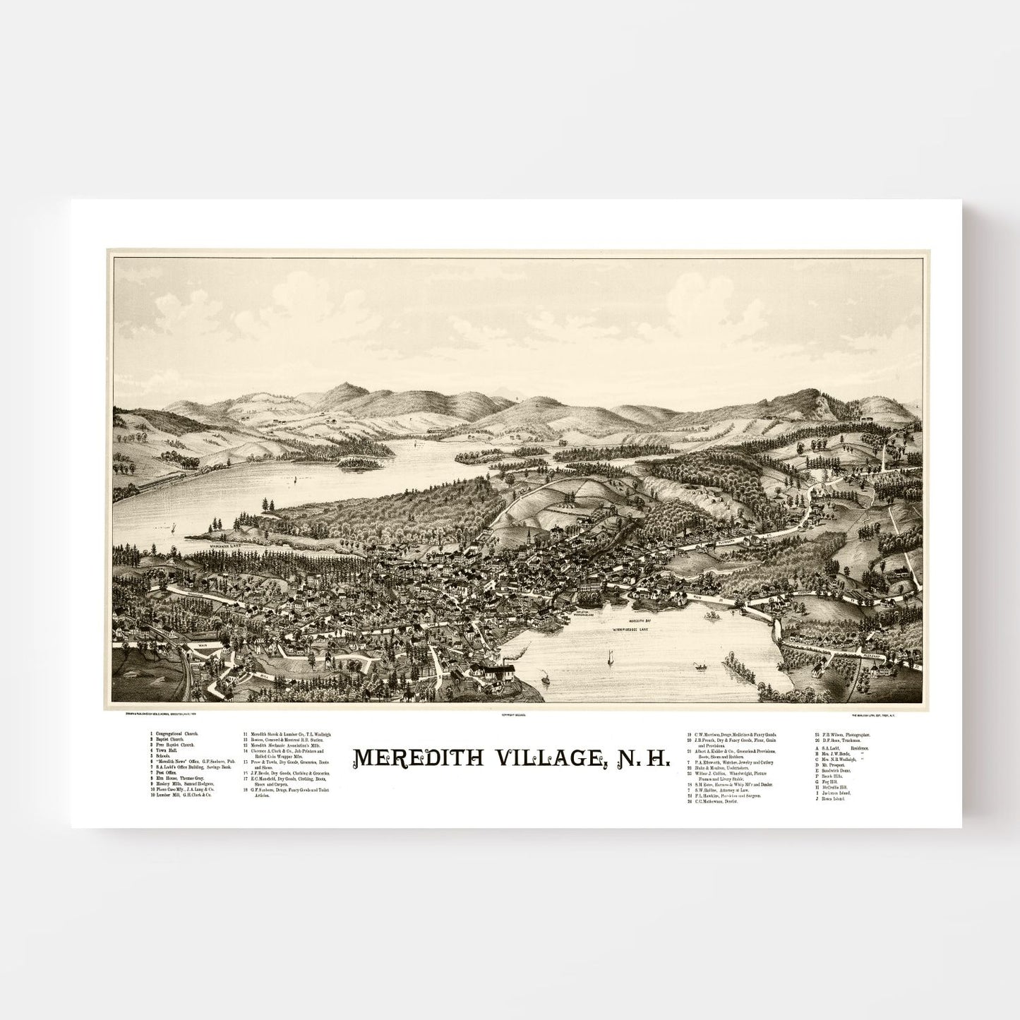 Vintage Map of Meredith Village, New Hampshire, 1889