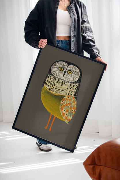 Stylized Owl Wall Art - Golden Feather Bird Print