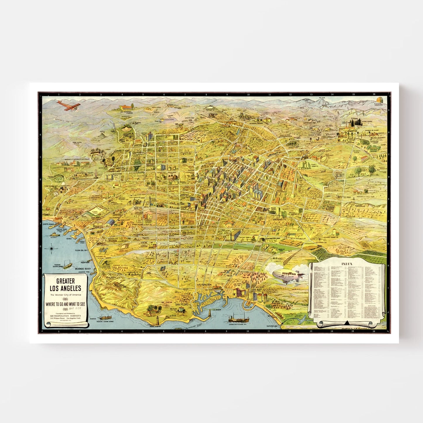 Vintage Map of Los Angeles, California, 1932