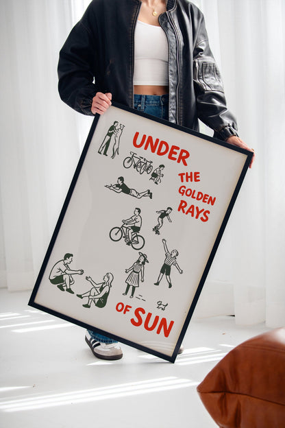 Golden Rays of Joy Retro Bike and Dog Wall Art