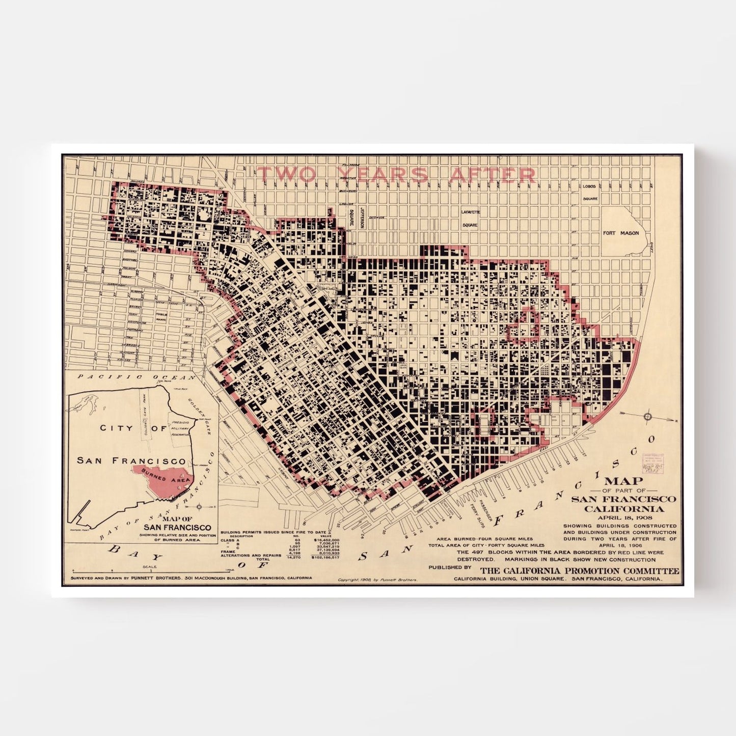 Vintage Map of San Francisco, California, 1908