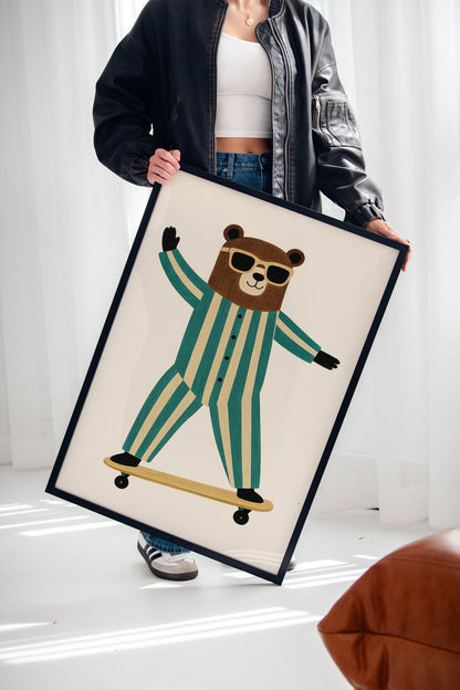 Cool Bear on Skateboard Retro Kids Wall Art
