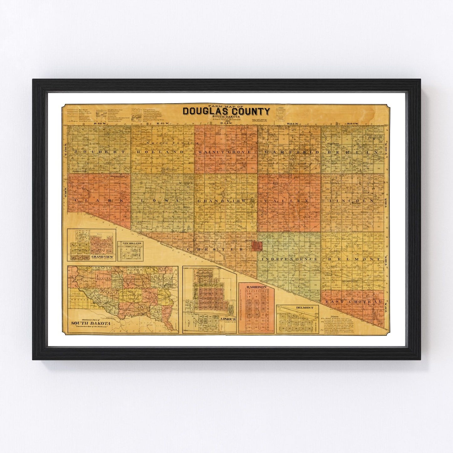 Vintage restored map of Douglas County, South Dakota, 1900, prairie township detail
