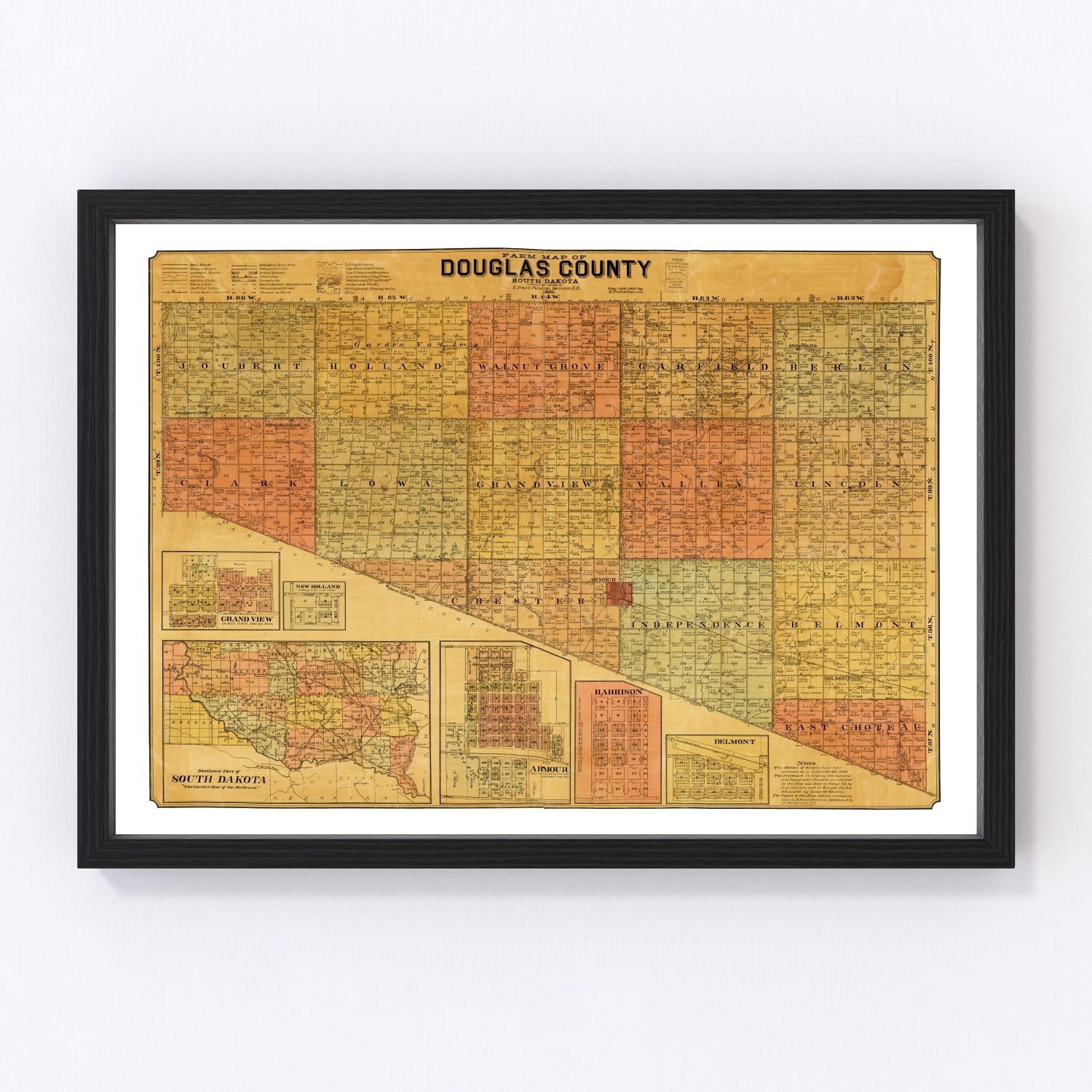 Vintage restored map of Douglas County, South Dakota, 1900, prairie township detail