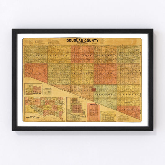Vintage restored map of Douglas County, South Dakota, 1900, prairie township detail