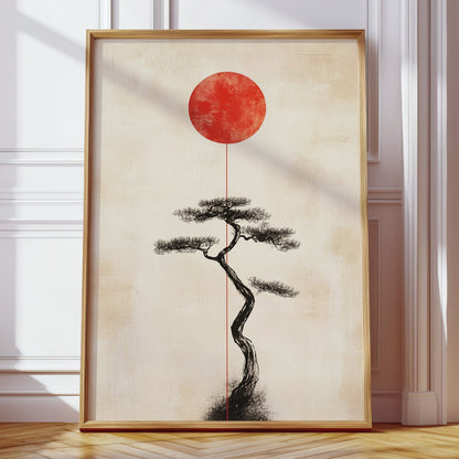 Bonsai tree and red sun Japanese zen wall art print in minimalist ink style