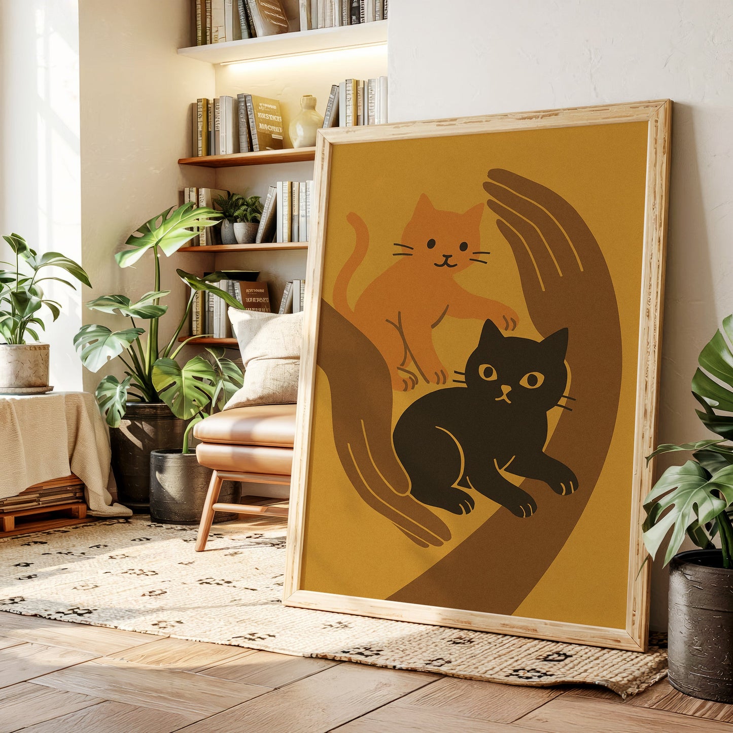 Two Cats Embrace Minimalist Cat Wall Art Print