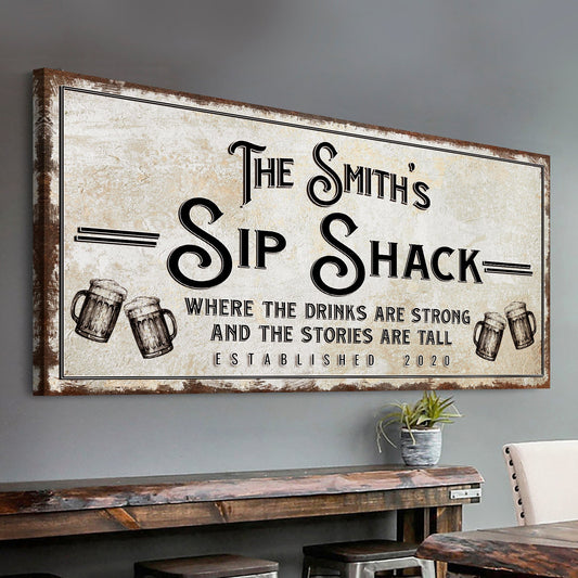 Family Sip Shack Bar Sign rustic canvas wall art for home bar or lounge