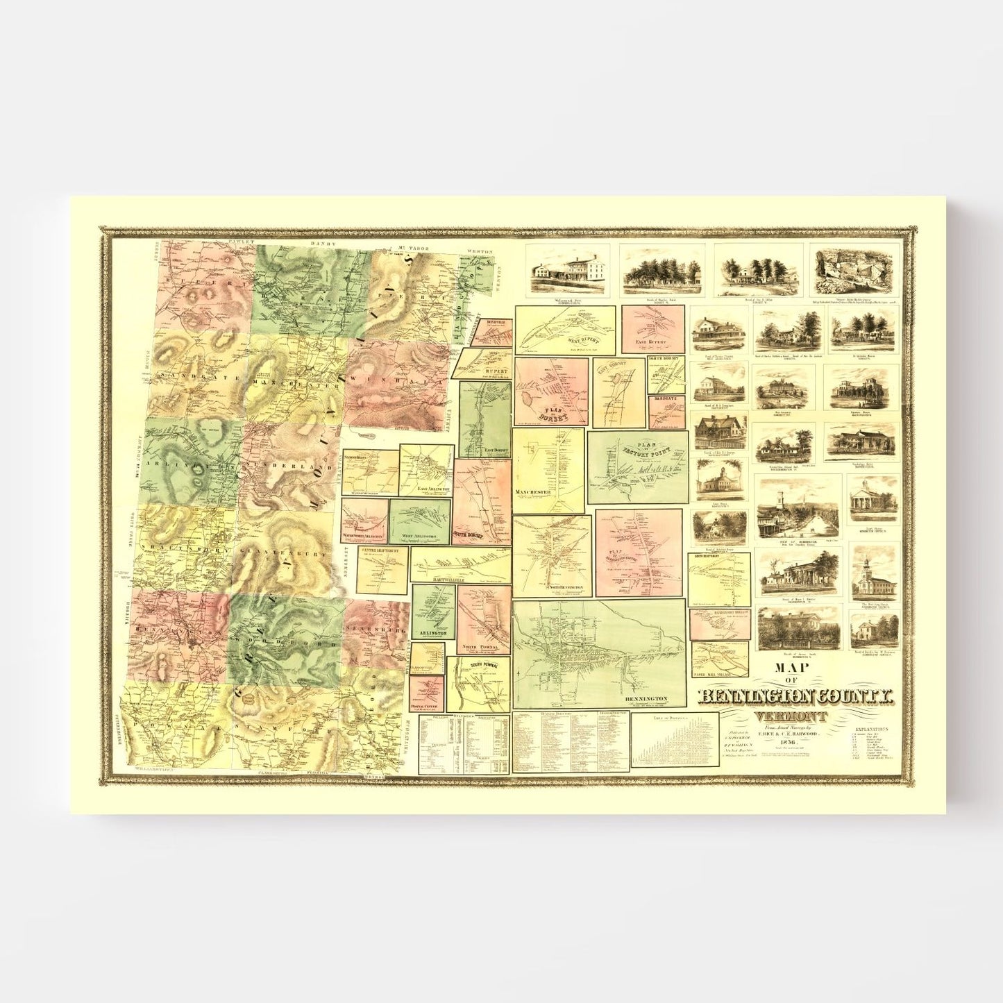 Vintage Map of Bennington County, Vermont, 1856