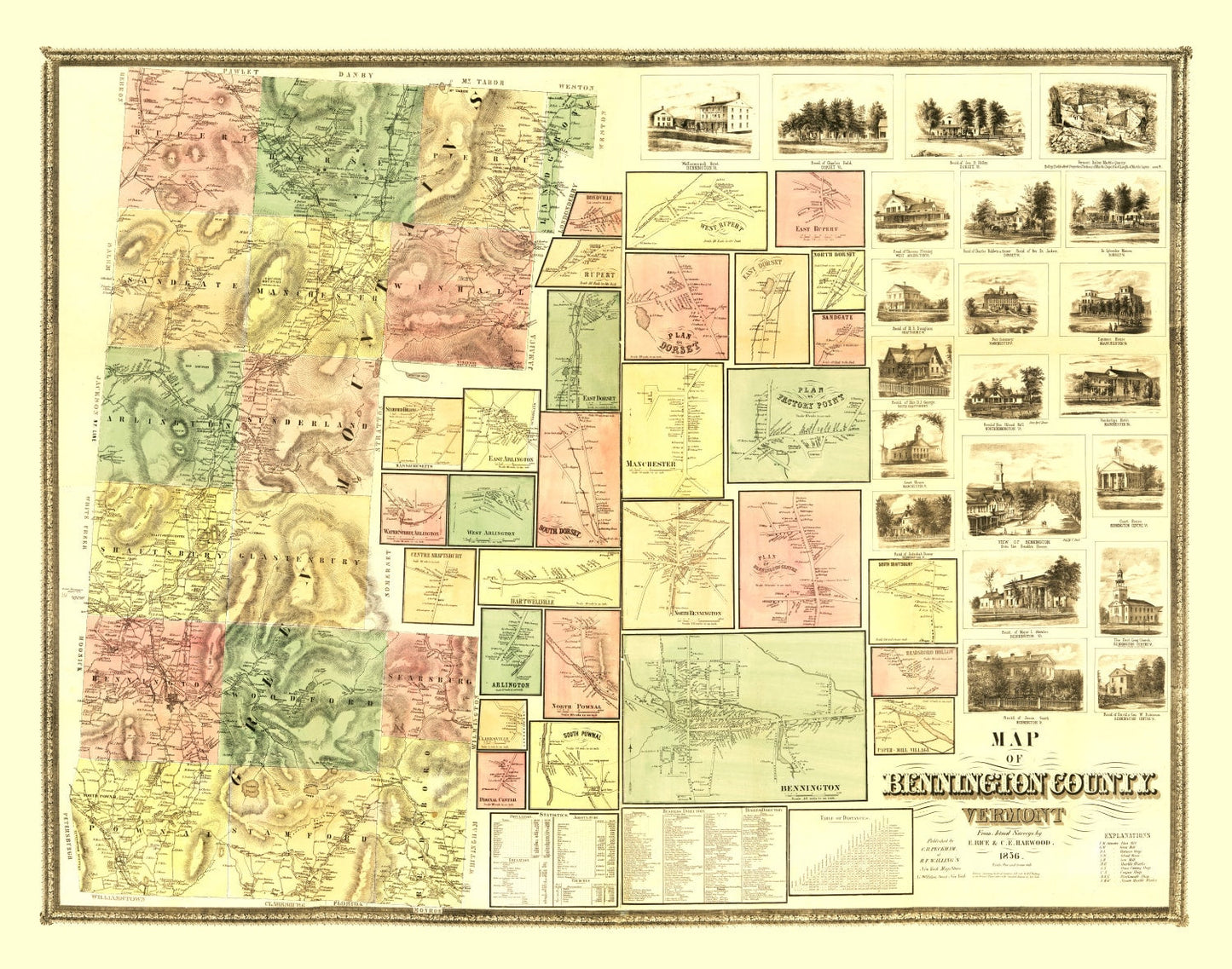 Vintage Map of Bennington County, Vermont, 1856