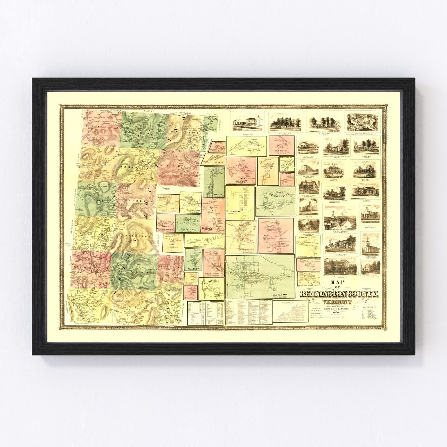 Vintage map of Bennington County, Vermont, 1856