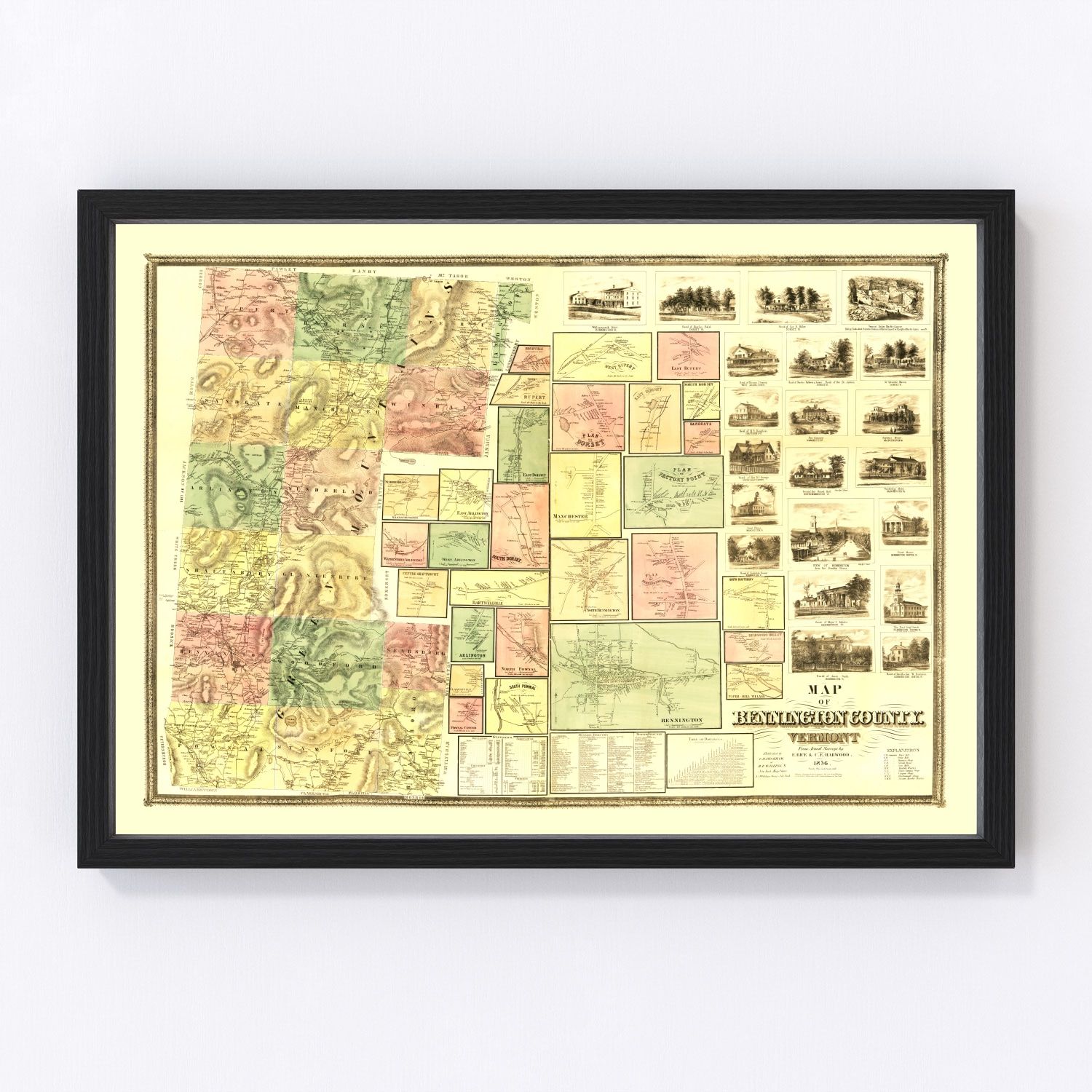 Vintage map of Bennington County, Vermont, 1856