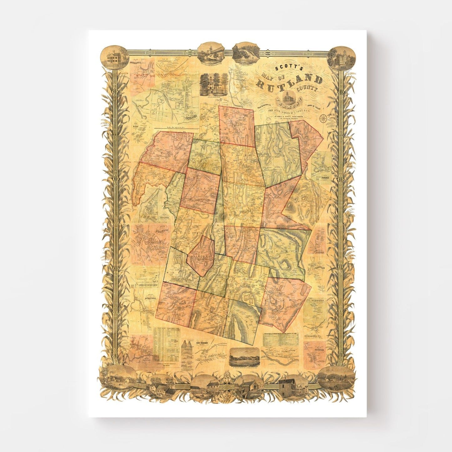 Vintage Map of Rutland County, Vermont, 1854