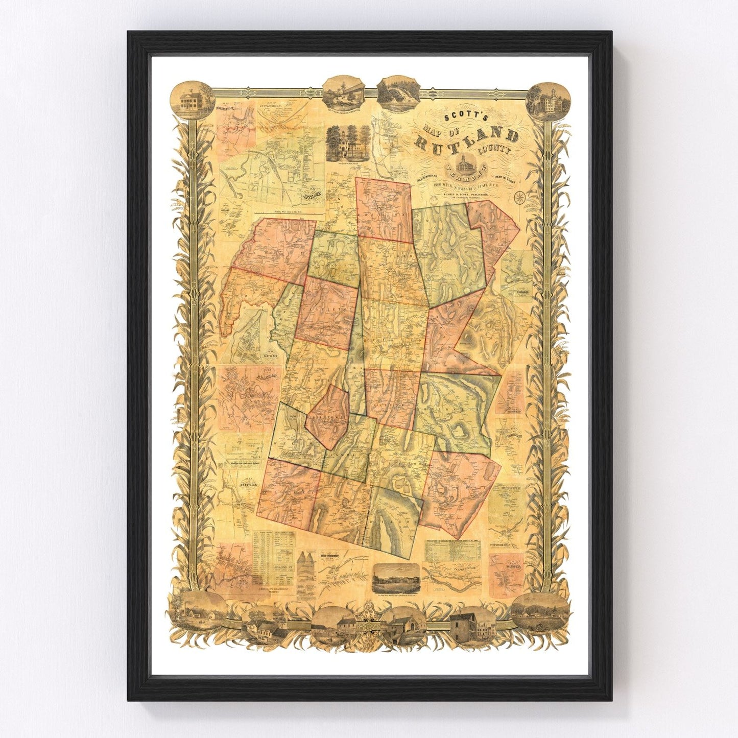 Vintage map of Rutland County, Vermont, 1854