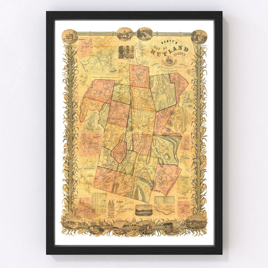 Vintage map of Rutland County, Vermont, 1854