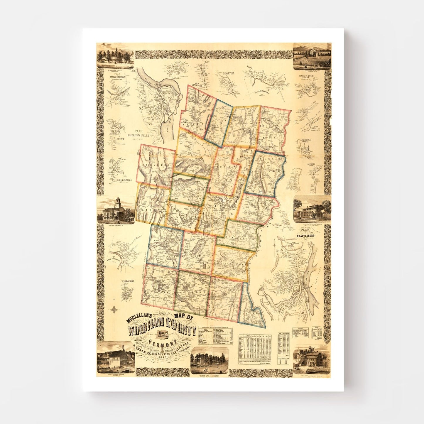 Vintage Map of Windham County, Vermont 1856