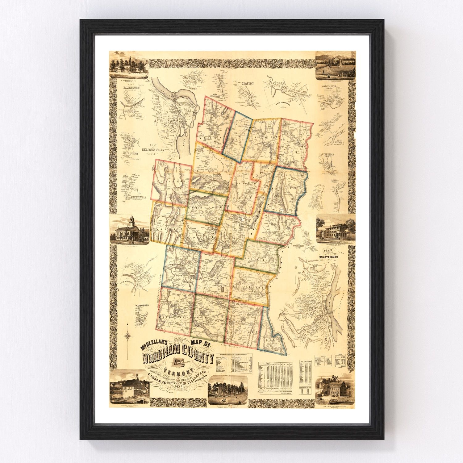 Vintage map of Windham County, Vermont, 1856, digitally restored