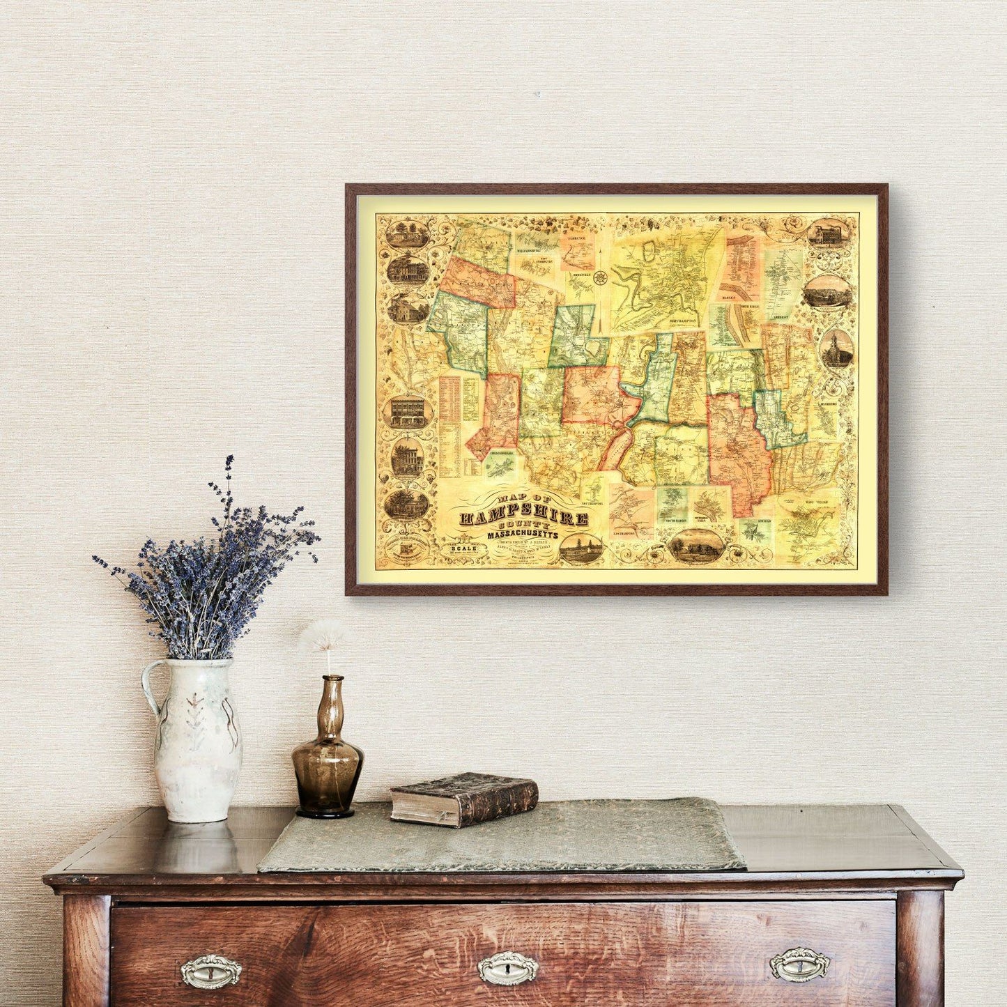 Vintage Map of Hampshire County, Massachusetts, 1854
