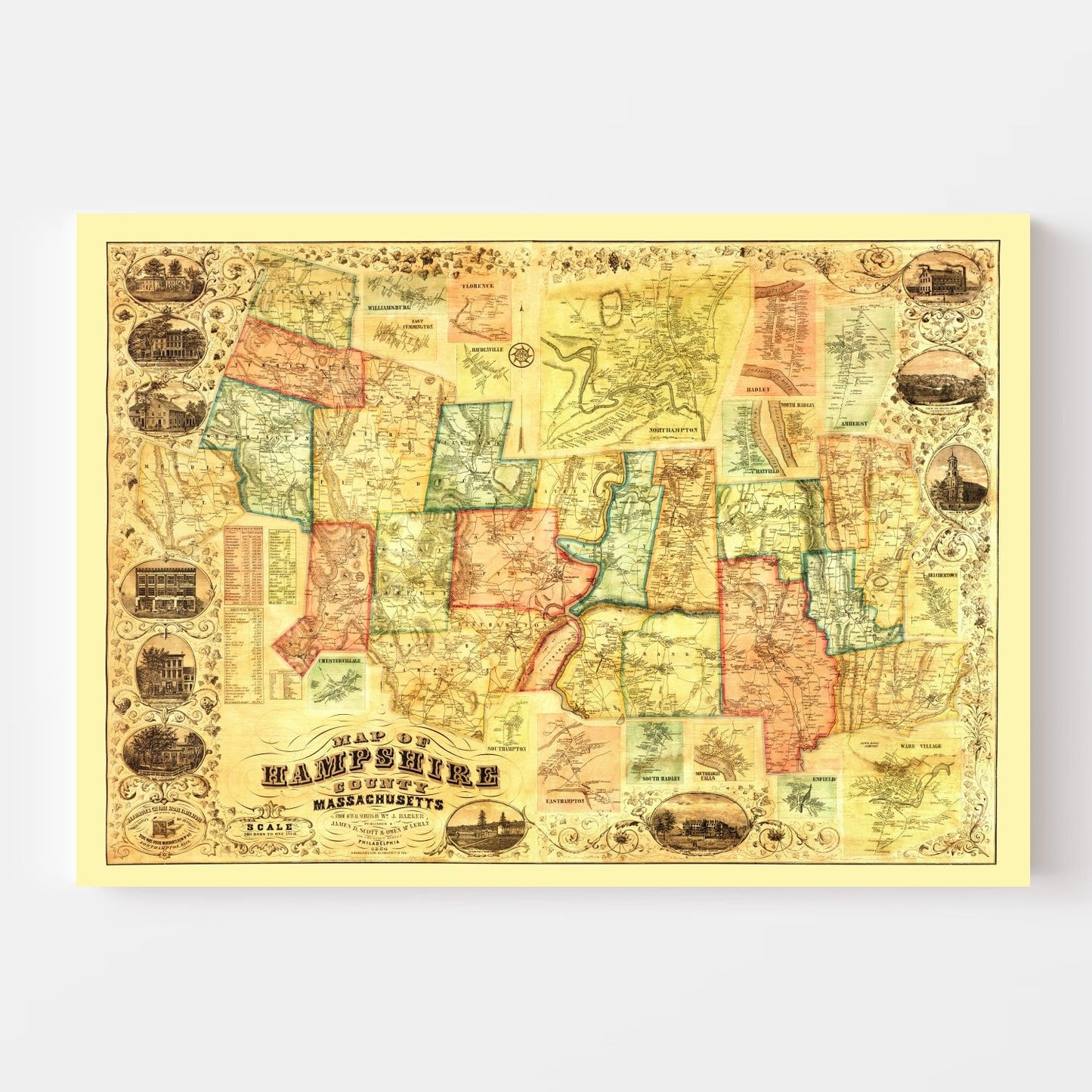 Vintage Map of Hampshire County, Massachusetts, 1854