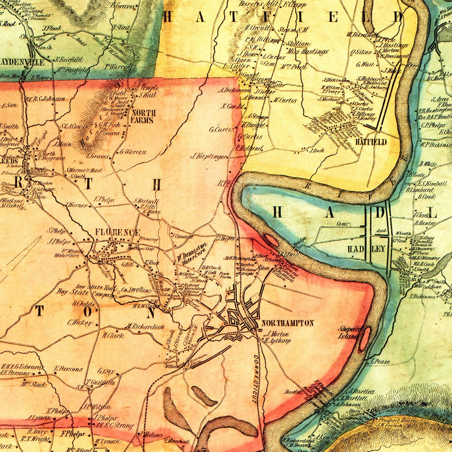 Vintage Map of Hampshire County, Massachusetts, 1854