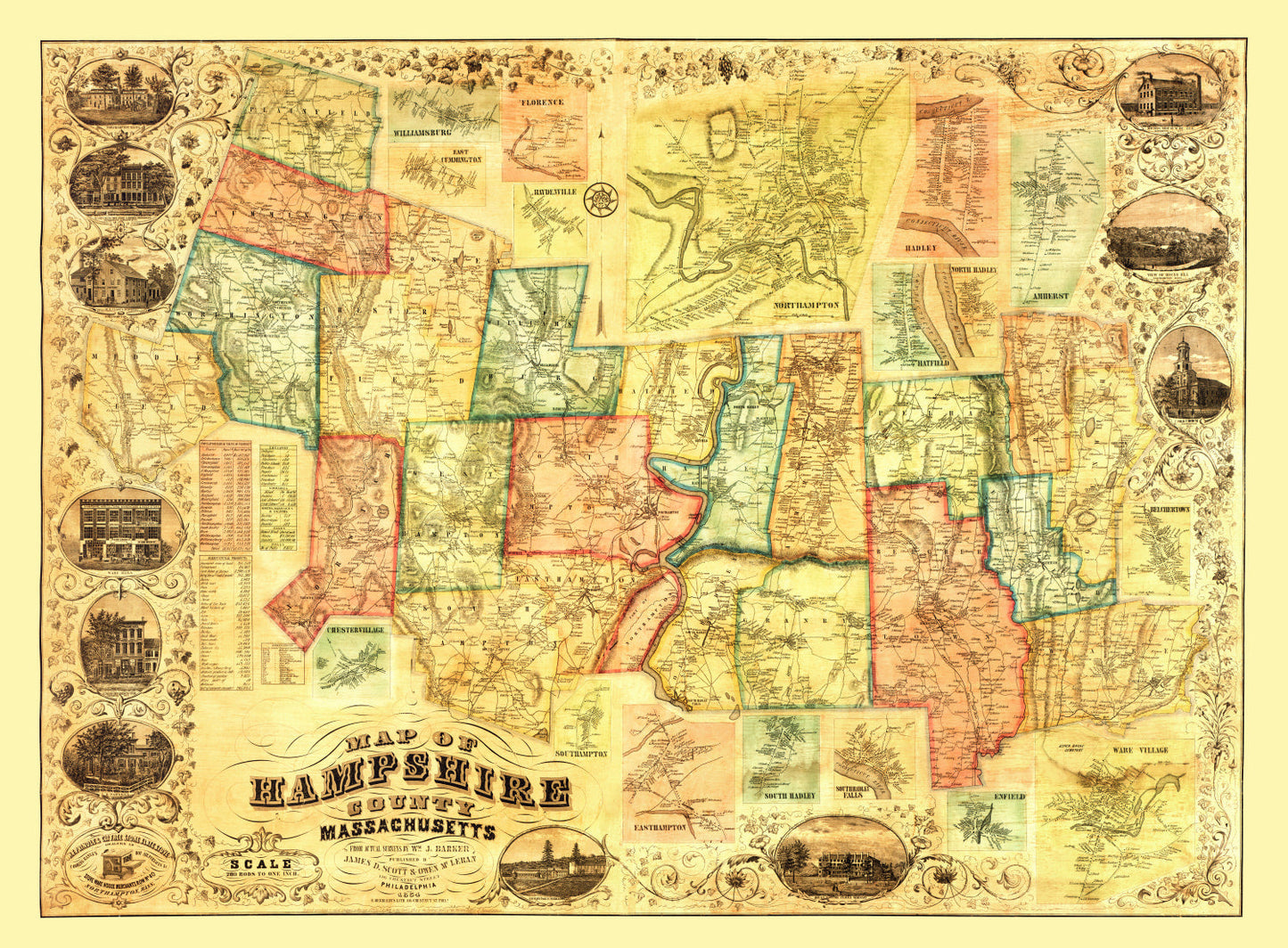 Vintage Map of Hampshire County, Massachusetts, 1854