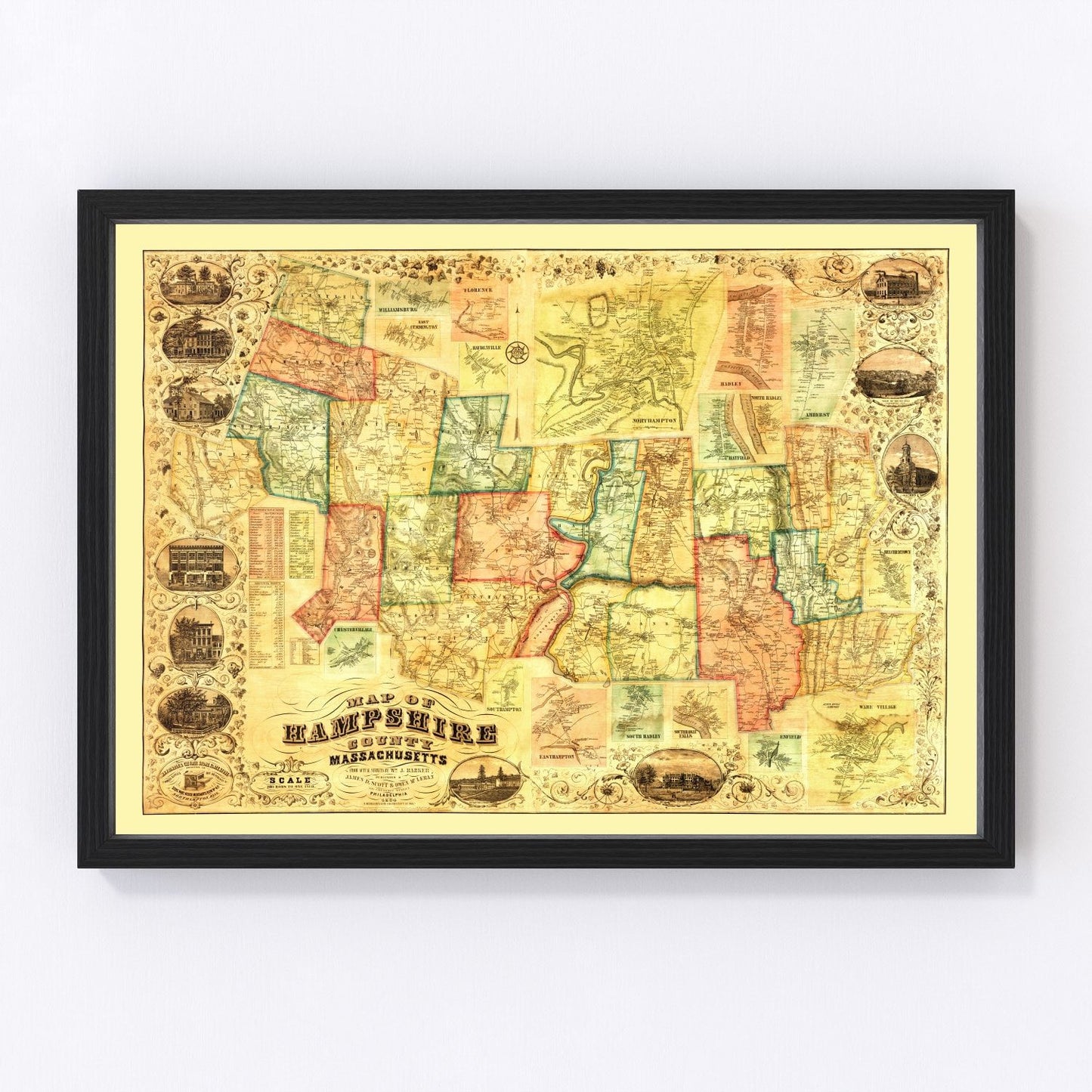 vintage map of Hampshire County, Massachusetts, 1854
