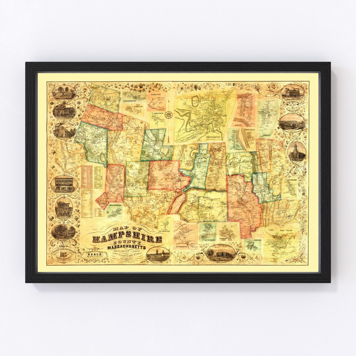vintage map of Hampshire County, Massachusetts, 1854
