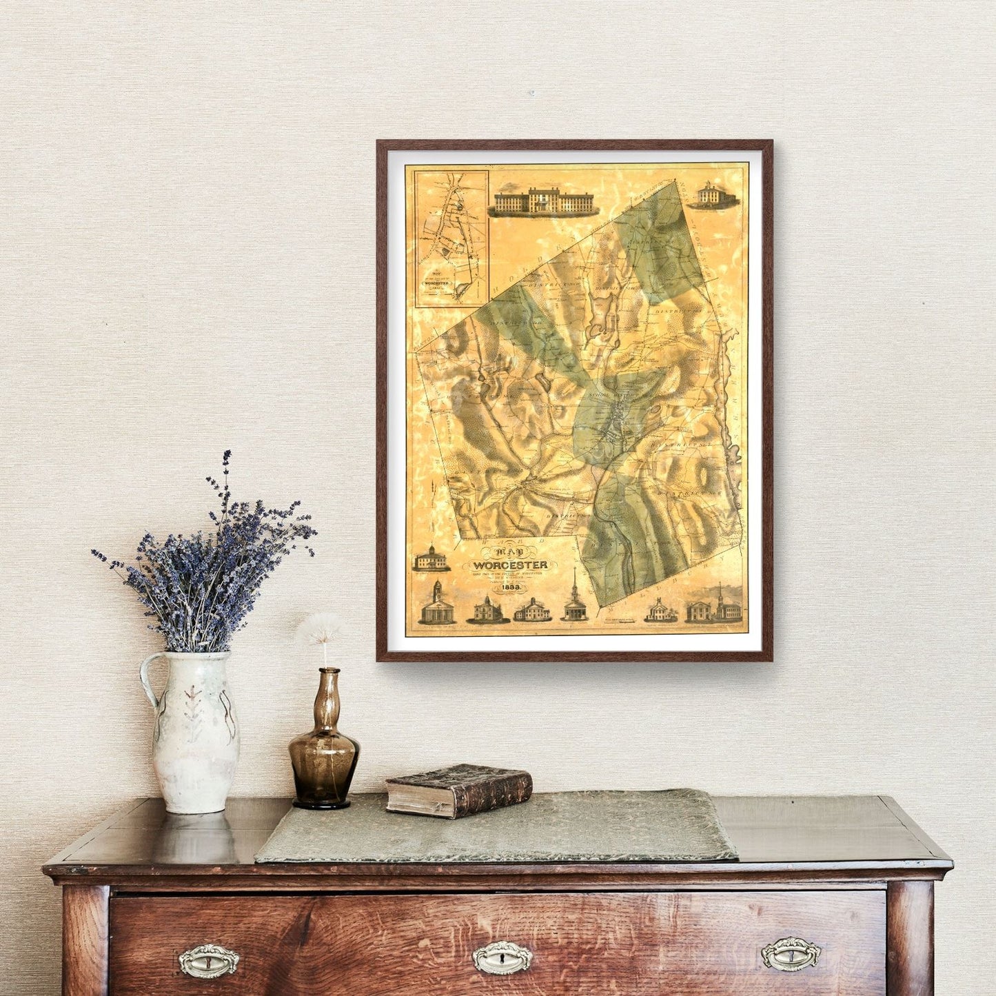 Vintage Map of Worcester County, Massachusetts, 1833