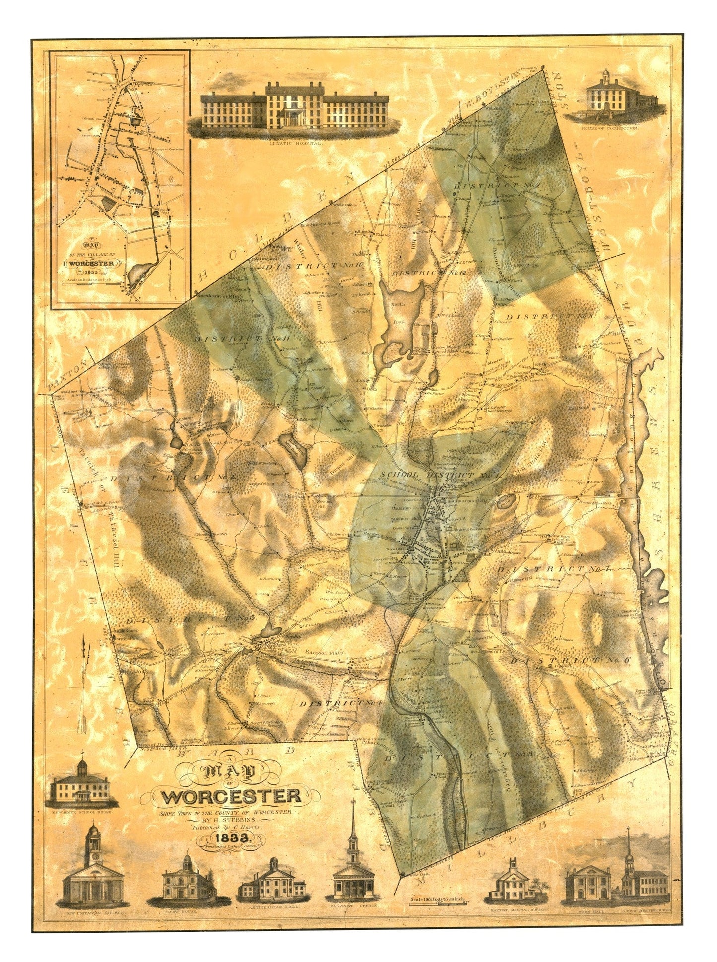 Vintage Map of Worcester County, Massachusetts, 1833