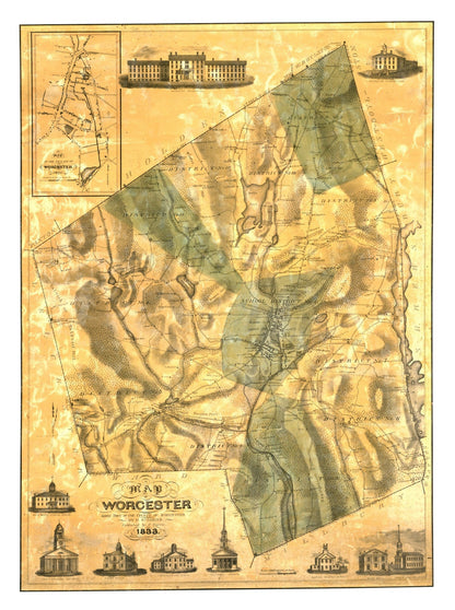 Vintage Map of Worcester County, Massachusetts, 1833