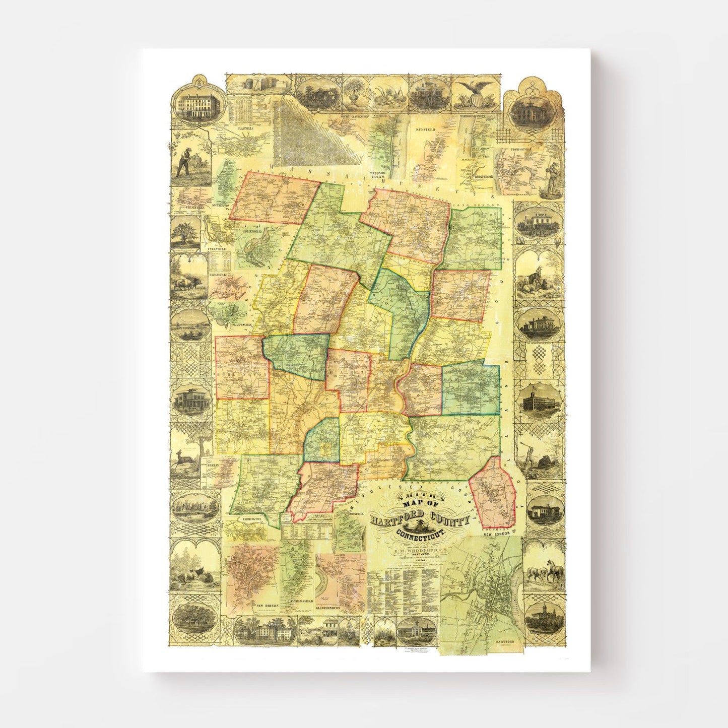 Vintage Map of Hartford County, Connecticut, 1855