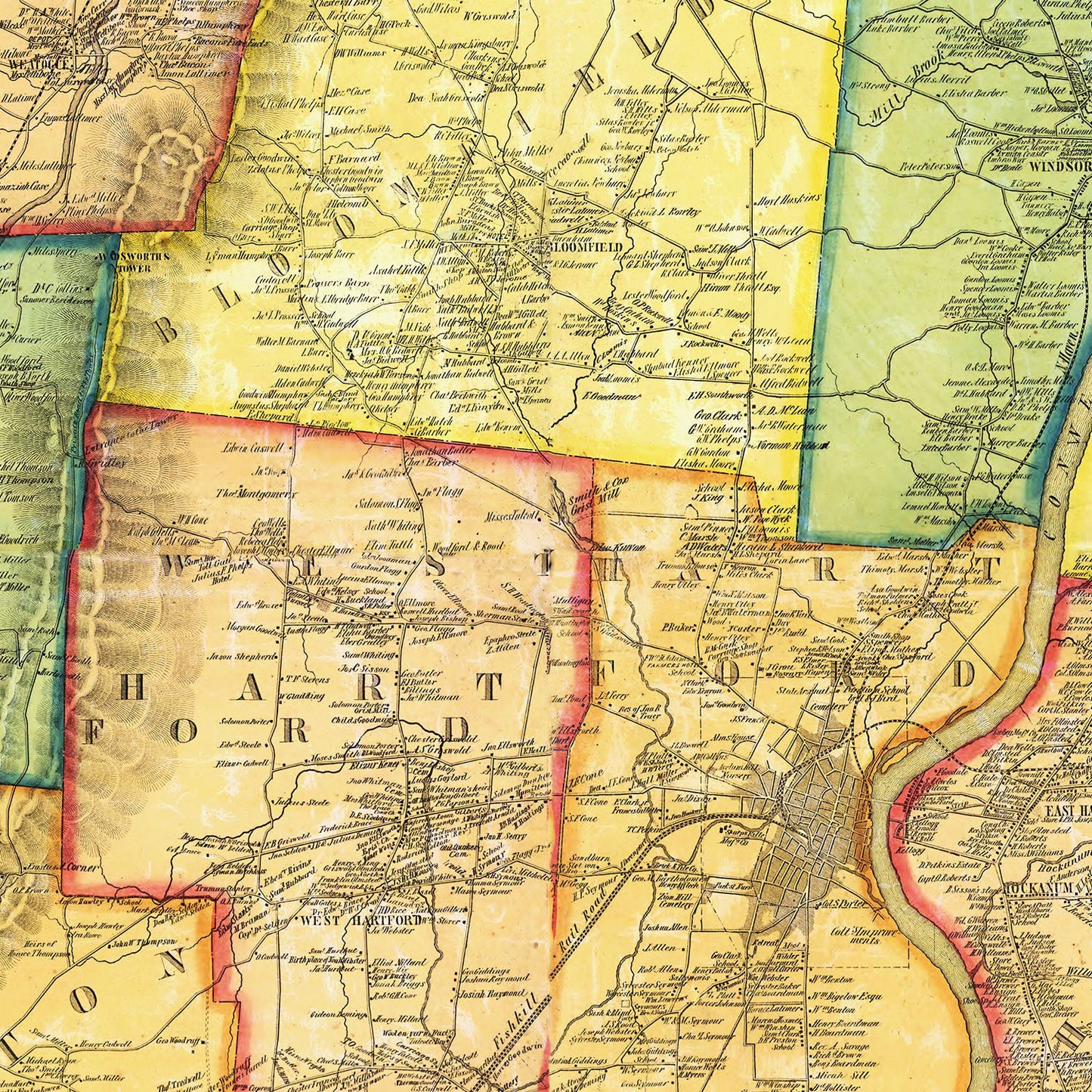 Vintage Map of Hartford County, Connecticut, 1855